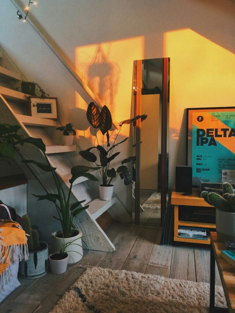 Modern home interior with natural lighting plants, and a stylish living space. 