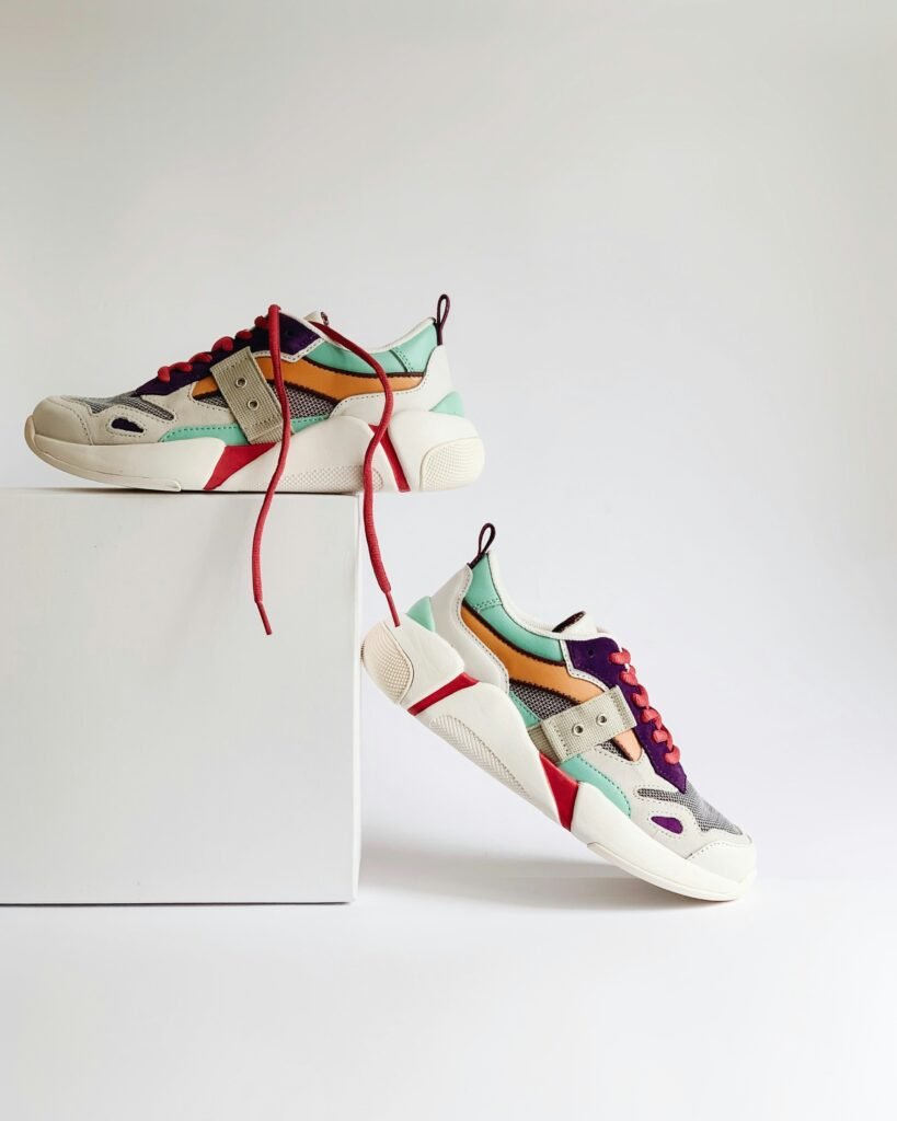 Stylish multicolored sneakers displayed on a white pedestal for a fashionable look.look